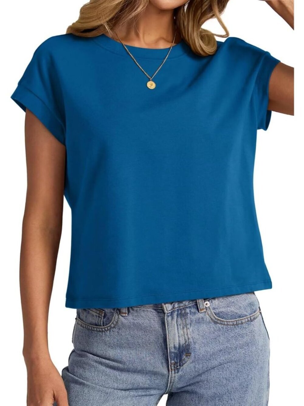 〽️Women Deep Blue Cap Sleeve Crewneck Loose Fit Casual Summer Pull On Crop Tops